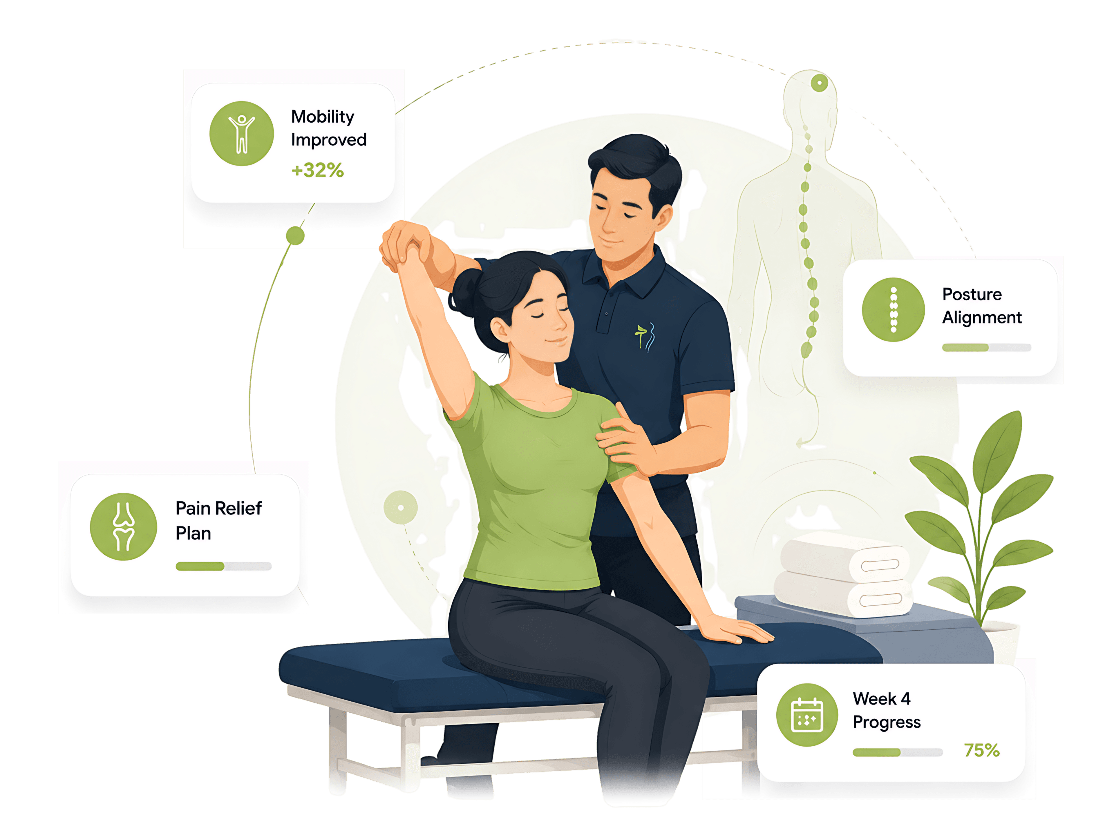 A Rehabworks physiotherapist guiding a patient through a shoulder mobility exercise, with floating progress indicators showing mobility, posture alignment, pain relief, and weekly recovery progress.